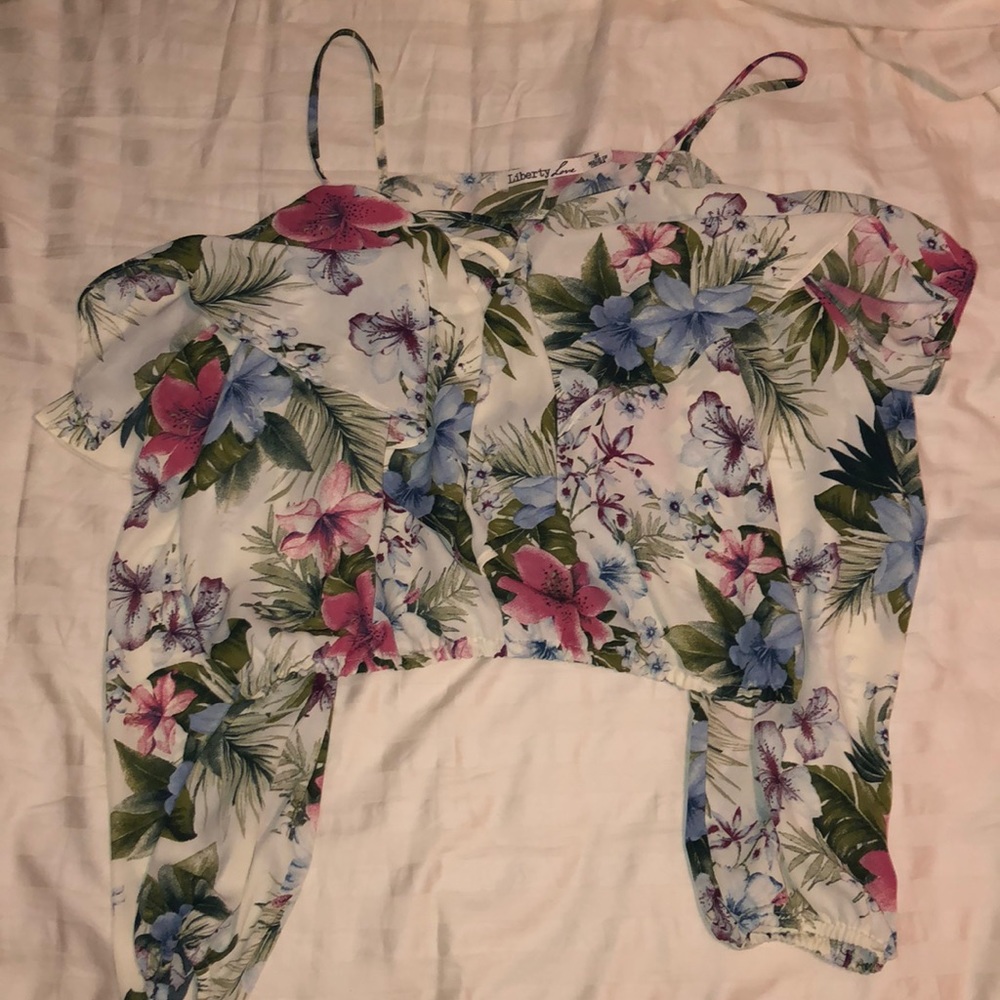 Floral, Open Shoulder, Long Sleeved, Crop Top